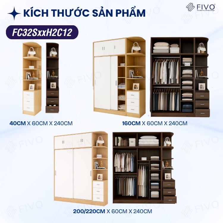 Tủ Gỗ Quần Áo Cửa Lùa Cao Cấp FC32 FIVO, Gỗ Dày 17mm, Kèm Hệ Tủ Tiện Lợi, Ngăn Kéo Sâu 60cm, Freeship+Free lắp đặt, Trả