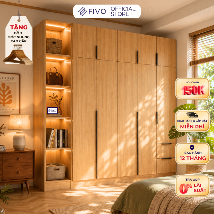 Tủ Đựng Quần Áo Gỗ Cao Cấp FC04 FIVO, Tủ Màu Gỗ Cánh Mở Sâu 60cm Kèm Kệ Trang Trí, Freeship+Free lắp đặt, Trả Góp 0%