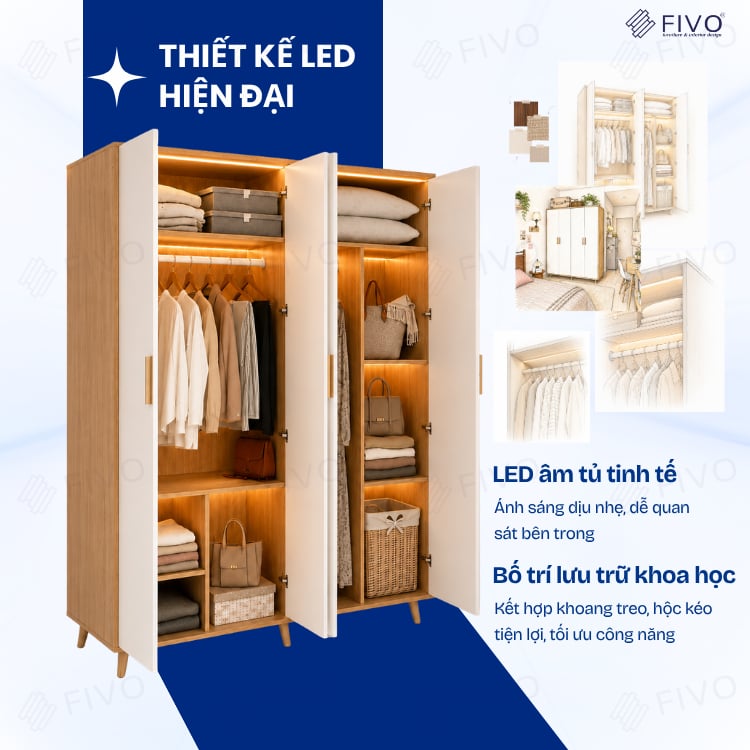 Tủ Gỗ Đựng Quần Áo Cao Cấp FC21 FIVO, Gỗ Dày 17mm Thiết Kế Có Chân Cánh Mở Sâu 60cm, Freeship+Free lắp đặt, Trả Góp 0%