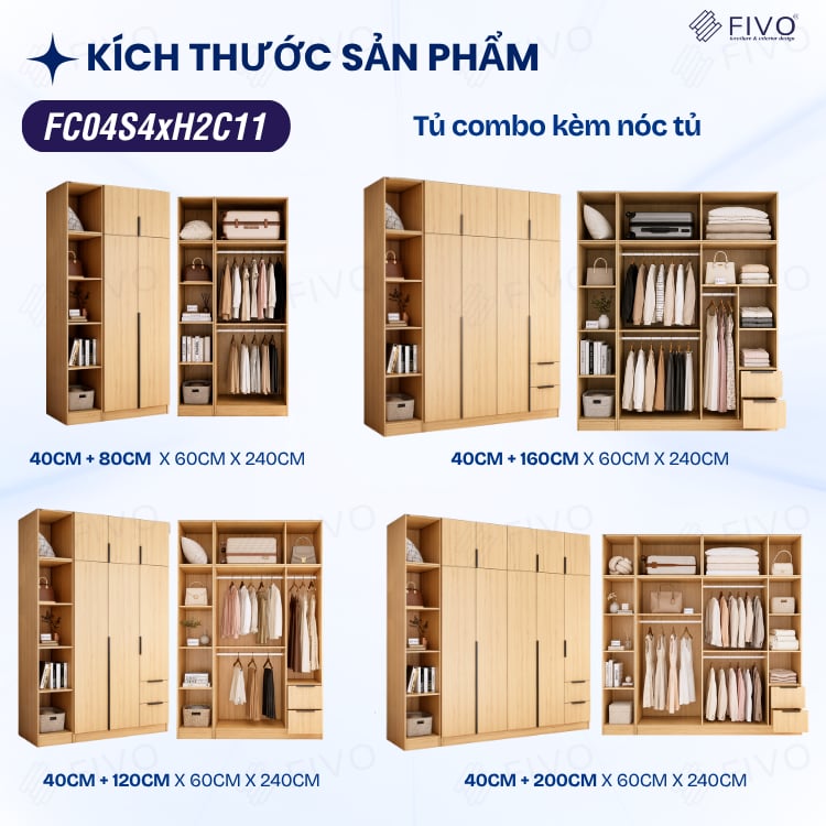 Tủ Đựng Quần Áo Gỗ Cao Cấp FC04 FIVO, Tủ Màu Gỗ Cánh Mở Sâu 60cm Kèm Kệ Trang Trí, Freeship+Free lắp đặt, Trả Góp 0%