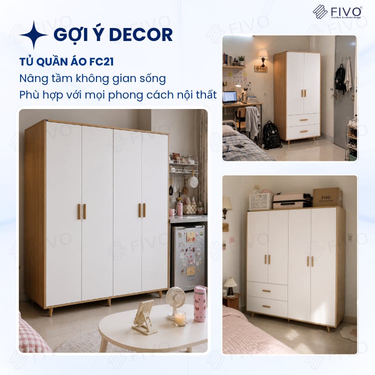 Tủ Gỗ Đựng Quần Áo Cao Cấp FC21 FIVO, Gỗ Dày 17mm Thiết Kế Có Chân Cánh Mở Sâu 60cm, Freeship+Free lắp đặt, Trả Góp 0%