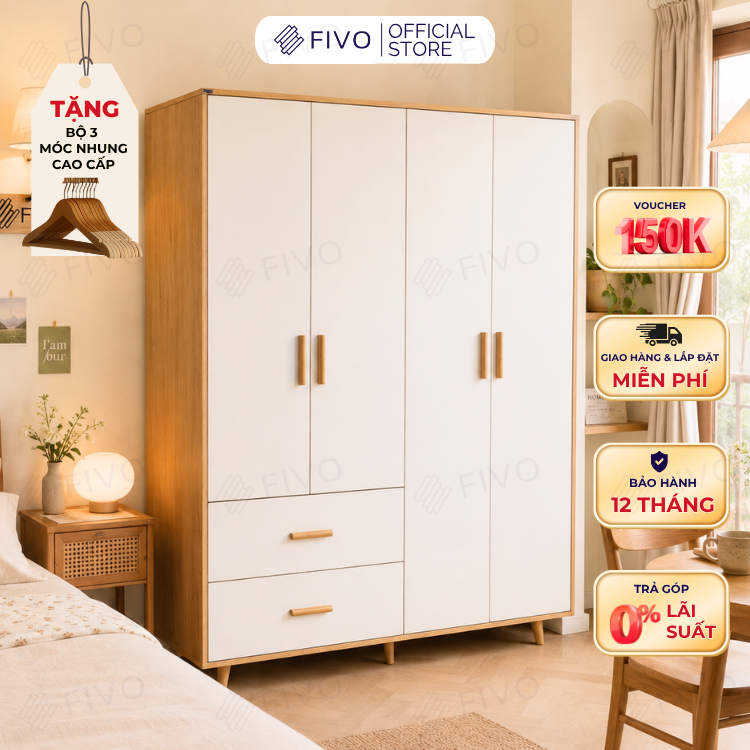 Tủ Gỗ Đựng Quần Áo Cao Cấp FC21 FIVO, Gỗ Dày 17mm Thiết Kế Có Chân Cánh Mở Sâu 60cm, Freeship+Free lắp đặt, Trả Góp 0%
