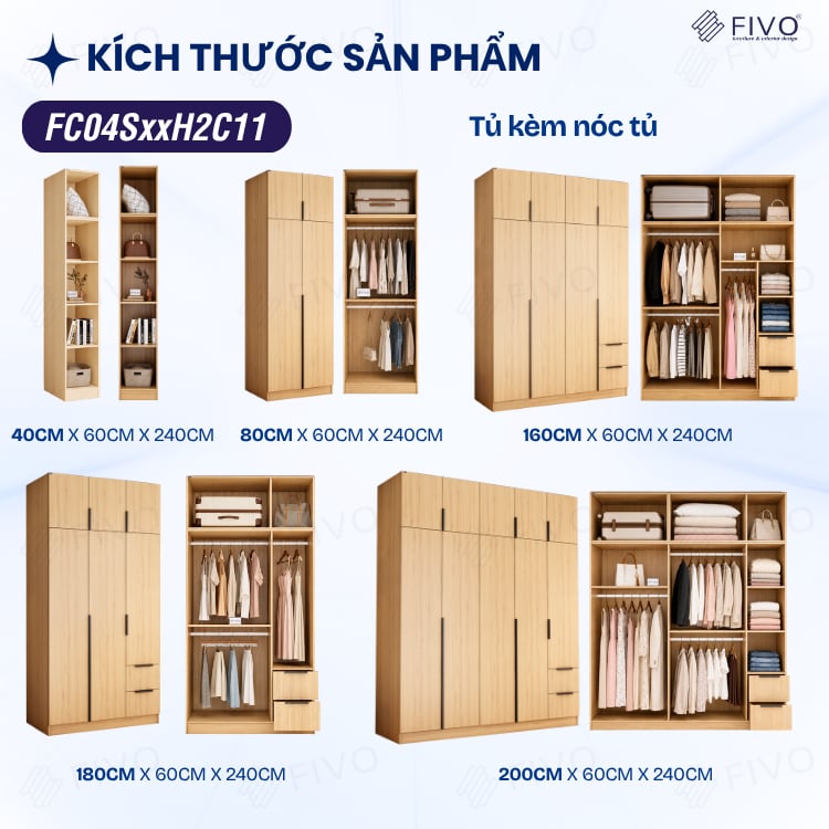 Tủ Đựng Quần Áo Gỗ Cao Cấp FC04 FIVO, Tủ Màu Gỗ Cánh Mở Sâu 60cm Kèm Kệ Trang Trí, Freeship+Free lắp đặt, Trả Góp 0%