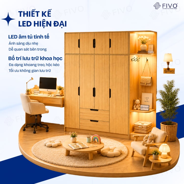 Tủ Đựng Quần Áo Gỗ Cao Cấp FC07 FIVO, Dày 17MM Cánh Mở Sâu 60cm Kèm Kệ Trang Trí, Freeship+Free lắp đặt, Trả Góp 0
