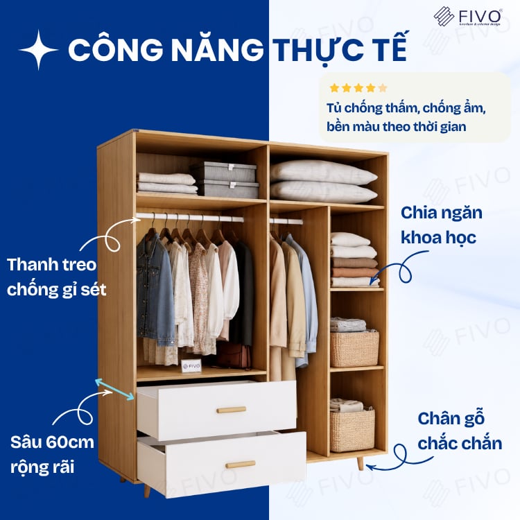 Tủ Gỗ Đựng Quần Áo Cao Cấp FC21 FIVO, Gỗ Dày 17mm Thiết Kế Có Chân Cánh Mở Sâu 60cm, Freeship+Free lắp đặt, Trả Góp 0%