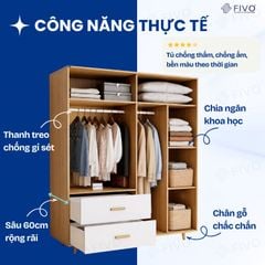 Tủ Gỗ Đựng Quần Áo Cao Cấp FC21 FIVO, Gỗ Dày 17mm Thiết Kế Có Chân Cánh Mở Sâu 60cm, Freeship+Free lắp đặt, Trả Góp 0%