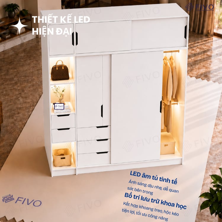 Tủ Gỗ Quần Áo Cửa Lùa Cao Cấp FC33 FIVO, Gỗ Dày 17mm, Kèm Hệ Kệ Trang Trí Sâu 60cm, Freeship+Free lắp đặt, Trả Góp 0%
