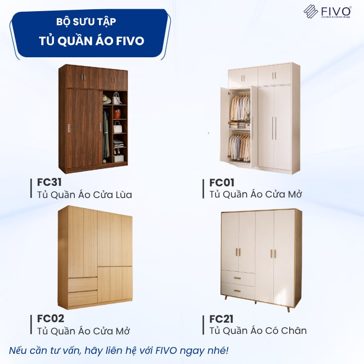 Tủ Gỗ Đựng Quần Áo Cao Cấp FC21 FIVO, Gỗ Dày 17mm Thiết Kế Có Chân Cánh Mở Sâu 60cm, Freeship+Free lắp đặt, Trả Góp 0%