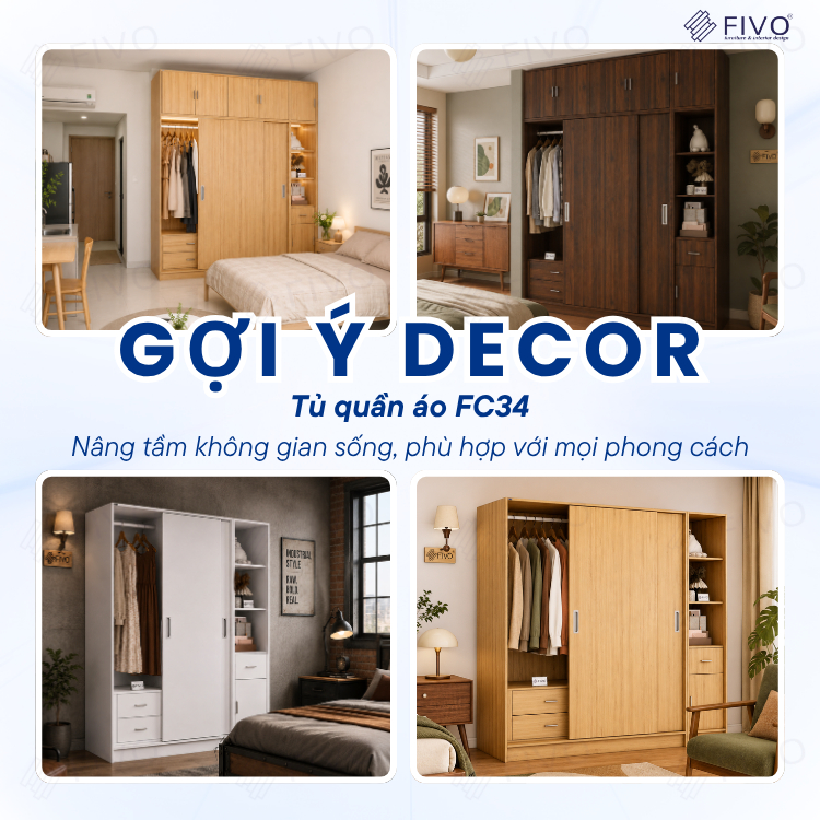 Tủ Quần Áo Gỗ Cửa Lùa Cao Cấp FC34 FIVO, Gỗ Dày 17mm Độ Sâu 60cm, Kèm Hệ Kệ Trang Trí, Freeship+Free lắp đặt, Trả Góp 0%