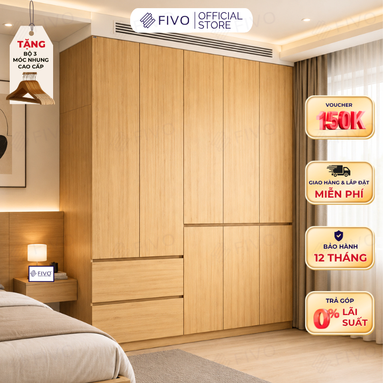 Tủ Đựng Quần Áo Gỗ Cao Cấp FC02 FIVO, Cánh Mở Sâu 60cm Kèm Ngăn Kéo, Freeship+Free lắp đặt, Trả Góp 0%