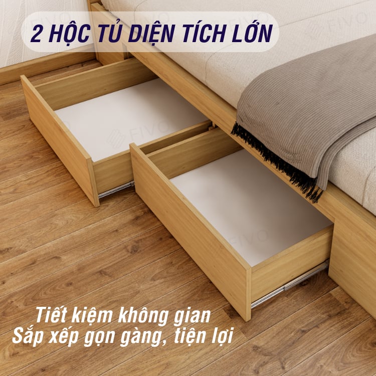 Giường Ngủ Gỗ MDF Chống Ẩm FN02 FIVO, Giường Đôi Cao Cấp Có 2 Ngăn Kéo Đựng Đồ, Nhiều Kích Thước, Freeship TPHCM