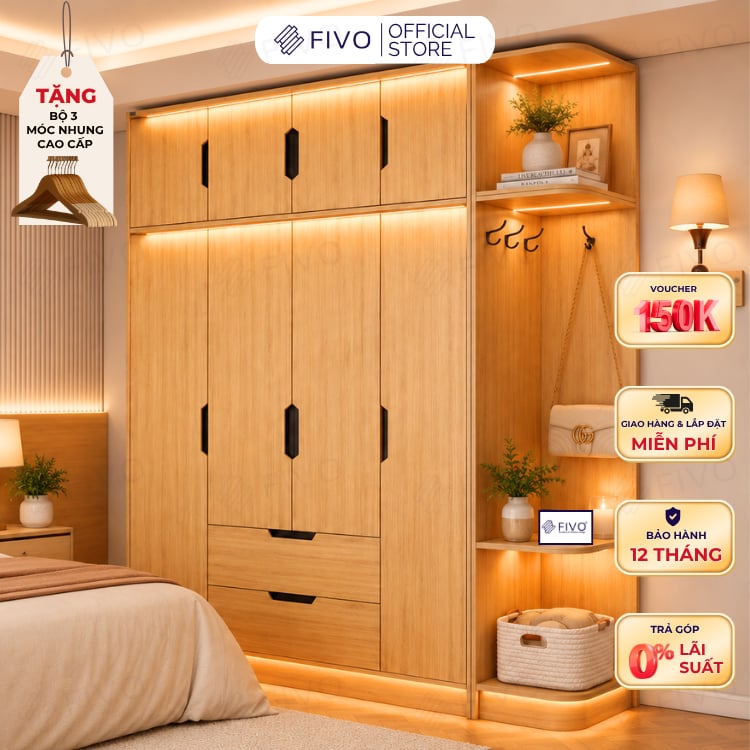 Tủ Đựng Quần Áo Gỗ Cao Cấp FC07 FIVO, Dày 17MM Cánh Mở Sâu 60cm Kèm Kệ Trang Trí, Freeship+Free lắp đặt, Trả Góp 0