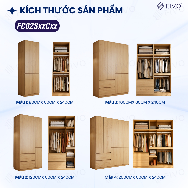 Tủ Đựng Quần Áo Gỗ Cao Cấp FC02 FIVO, Cánh Mở Sâu 60cm Kèm Ngăn Kéo, Freeship+Free lắp đặt, Trả Góp 0%