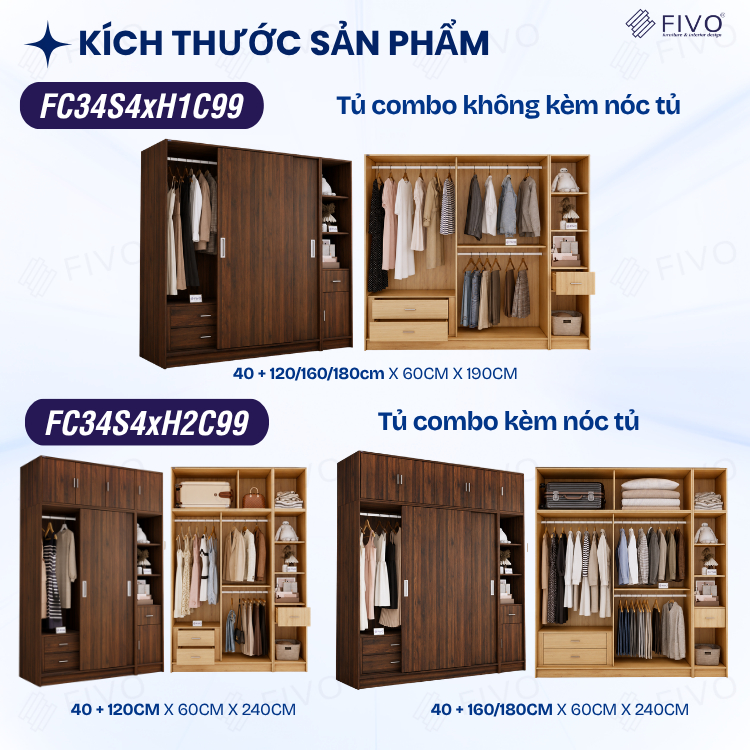 Tủ Quần Áo Gỗ Cửa Lùa Cao Cấp FC34 FIVO, Gỗ Dày 17mm Độ Sâu 60cm, Kèm Hệ Kệ Trang Trí, Freeship+Free lắp đặt, Trả Góp 0%