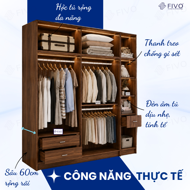 Tủ Quần Áo Gỗ Cửa Lùa Cao Cấp FC34 FIVO, Gỗ Dày 17mm Độ Sâu 60cm, Kèm Hệ Kệ Trang Trí, Freeship+Free lắp đặt, Trả Góp 0%