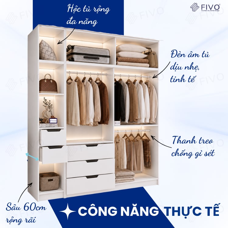 Tủ Gỗ Quần Áo Cửa Lùa Cao Cấp FC33 FIVO, Gỗ Dày 17mm, Kèm Hệ Kệ Trang Trí Sâu 60cm, Freeship+Free lắp đặt, Trả Góp 0%