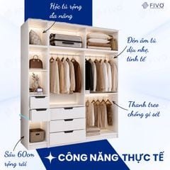 Tủ Gỗ Quần Áo Cửa Lùa Cao Cấp FC33 FIVO, Gỗ Dày 17mm, Kèm Hệ Kệ Trang Trí Sâu 60cm, Freeship+Free lắp đặt, Trả Góp 0%