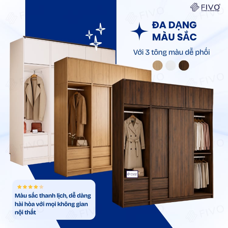 Tủ Gỗ Quần Áo Cửa Lùa Cao Cấp FC35 FIVO, Gỗ Dày 17mm, Kèm Ngăn Kéo Sâu 60cm, Freeship+Free lắp đặt, Trả Góp 0%
