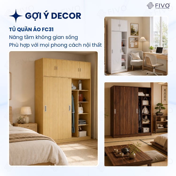 Tủ Áo Quần Cửa Trượt FIVO FC31 Gỗ Chống Ẩm, Màu Walnut Ấm Cúng Cho Phòng Ngủ, Trả Góp 0%, Freeship + Free lắp đặt