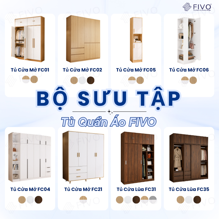 Tủ Gỗ Quần Áo Cửa Lùa Cao Cấp FC33 FIVO, Gỗ Dày 17mm, Kèm Hệ Kệ Trang Trí Sâu 60cm, Freeship+Free lắp đặt, Trả Góp 0%