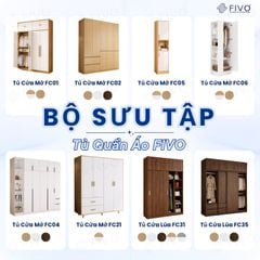 Tủ Gỗ Quần Áo Cửa Lùa Cao Cấp FC33 FIVO, Gỗ Dày 17mm, Kèm Hệ Kệ Trang Trí Sâu 60cm, Freeship+Free lắp đặt, Trả Góp 0%