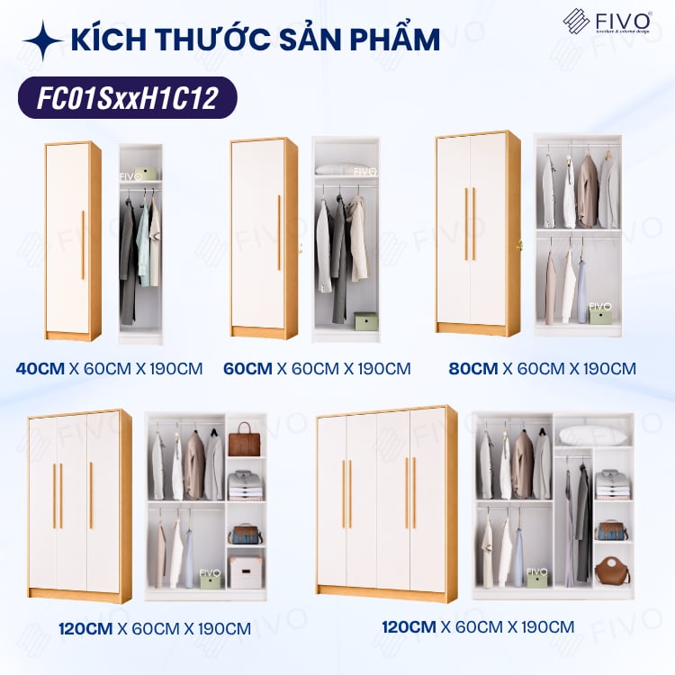 Tủ Đựng Quần Áo Gỗ Cao Cấp Đa Năng FC01 FIVO, Dày 17MM Với Độ Sâu 60cm, Freeship + Free lắp đặt, Trả Góp 0%