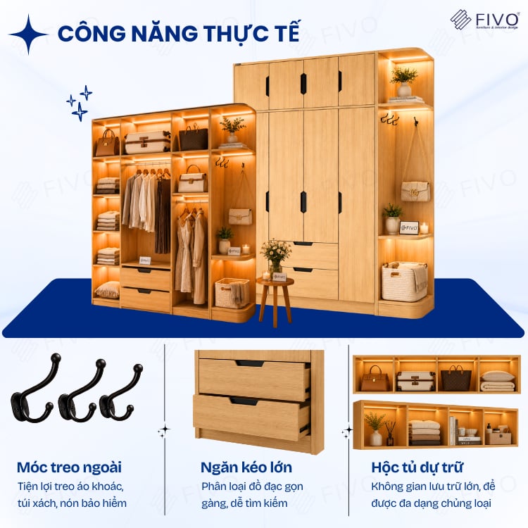 Tủ Đựng Quần Áo Gỗ Cao Cấp FC07 FIVO, Dày 17MM Cánh Mở Sâu 60cm Kèm Kệ Trang Trí, Freeship+Free lắp đặt, Trả Góp 0