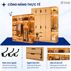 Tủ Đựng Quần Áo Gỗ Cao Cấp FC07 FIVO, Dày 17MM Cánh Mở Sâu 60cm Kèm Kệ Trang Trí, Freeship+Free lắp đặt, Trả Góp 0