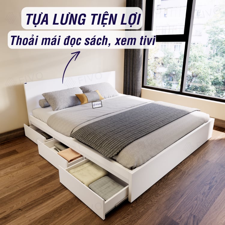 Giường Ngủ Gỗ MDF Chống Ẩm FN03 FIVO, Giường Đôi Cao Cấp Có 3 Ngăn Kéo Tiện Lợi, Nhiều Kích Thước, Free Lắp Đặt + Freeship TPHCM, Trả Góp 0%