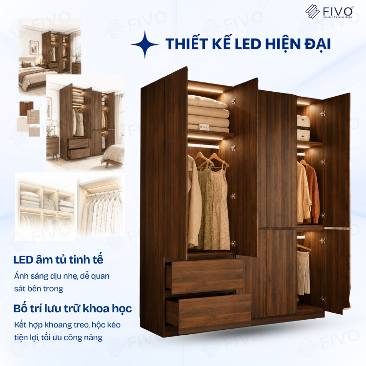 Tủ Đựng Quần Áo Gỗ Cao Cấp FC02 FIVO, Cánh Mở Sâu 60cm Kèm Ngăn Kéo, Freeship+Free lắp đặt, Trả Góp 0%