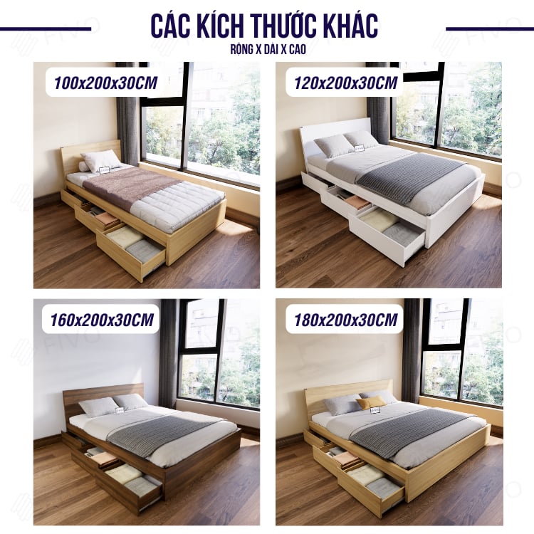 Giường Ngủ Gỗ MDF Chống Ẩm FN03 FIVO, Giường Đôi Cao Cấp Có 3 Ngăn Kéo Tiện Lợi, Nhiều Kích Thước, Free Lắp Đặt + Freeship TPHCM, Trả Góp 0%