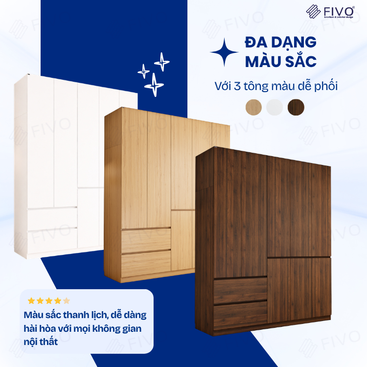 Tủ Đựng Quần Áo Gỗ Cao Cấp FC02 FIVO, Cánh Mở Sâu 60cm Kèm Ngăn Kéo, Freeship+Free lắp đặt, Trả Góp 0%