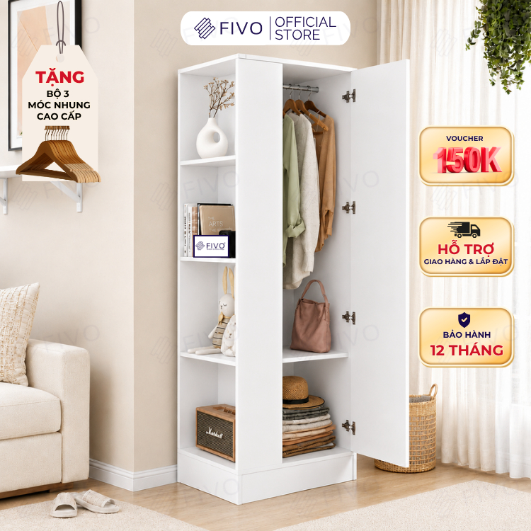 Tủ Quần Áo Gỗ Nhỏ Gọn FC06 FIVO, Tủ MDF Chống Ẩm Chia Ngăn Tiện Lợi, Phù Hợp Không Gian Nhỏ, Freeship TPHCM