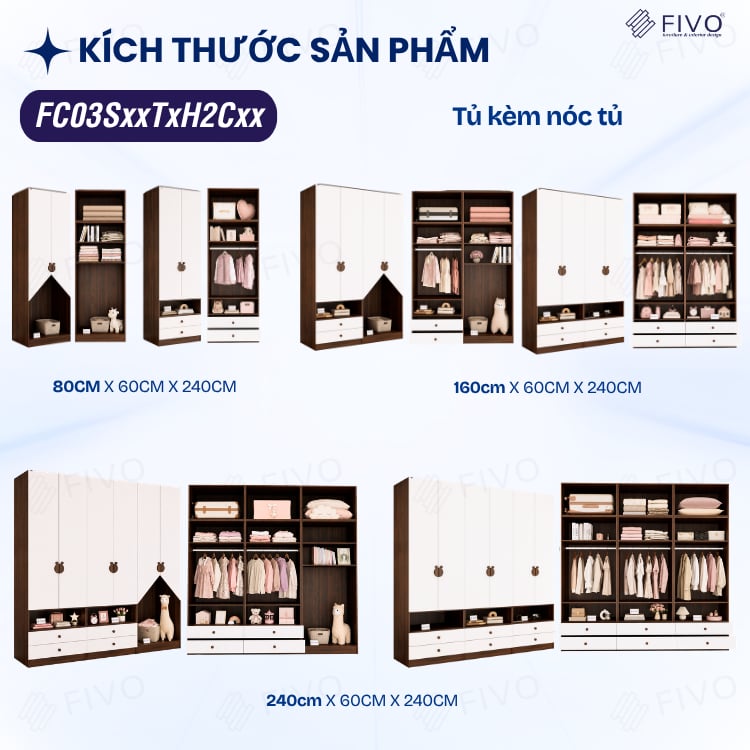 Tủ Gỗ Đựng Quần Áo Trẻ Em Cao Cấp FC03 FIVO, Tủ Sâu 60cm, Thiết Kế Hình Ngôi Nhà Độc Đáo, Freeship+Free lắp đặt, Trả Góp