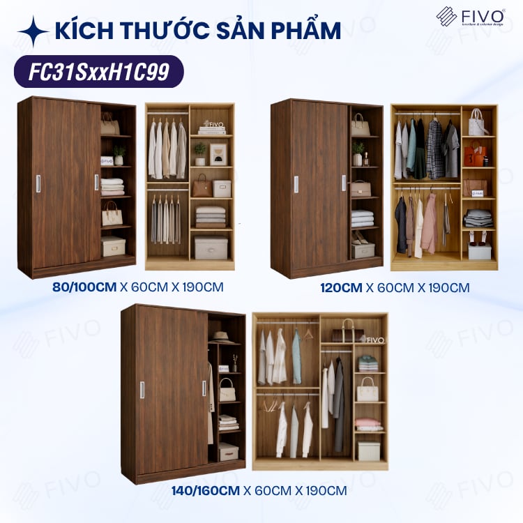 Tủ Áo Quần Cửa Trượt FIVO FC31 Gỗ Chống Ẩm, Màu Walnut Ấm Cúng Cho Phòng Ngủ, Trả Góp 0%, Freeship + Free lắp đặt