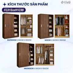 Tủ Áo Quần Cửa Trượt FIVO FC31 Gỗ Chống Ẩm, Màu Walnut Ấm Cúng Cho Phòng Ngủ, Trả Góp 0%, Freeship + Free lắp đặt