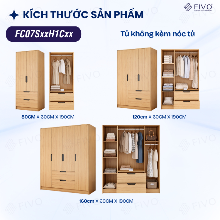Tủ Đựng Quần Áo Gỗ Cao Cấp FC07 FIVO, Dày 17MM Cánh Mở Sâu 60cm Kèm Kệ Trang Trí, Freeship+Free lắp đặt, Trả Góp 0