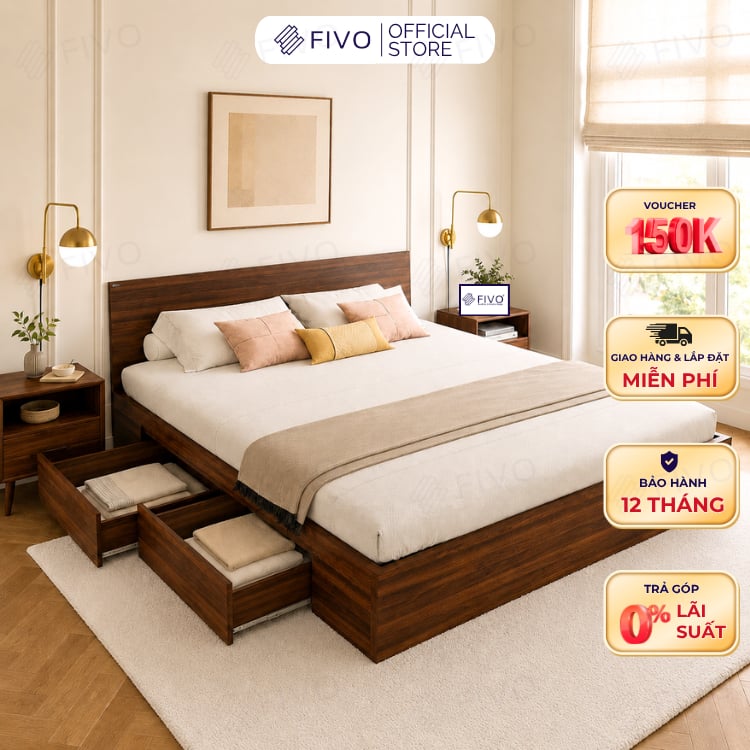 Giường Ngủ Gỗ MDF Chống Ẩm FN02 FIVO, Giường Đôi Cao Cấp Có 2 Ngăn Kéo Đựng Đồ, Nhiều Kích Thước, Freeship TPHCM