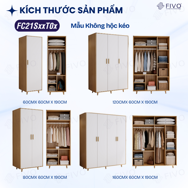 Tủ Gỗ Đựng Quần Áo Cao Cấp FC21 FIVO, Gỗ Dày 17mm Thiết Kế Có Chân Cánh Mở Sâu 60cm, Freeship+Free lắp đặt, Trả Góp 0%