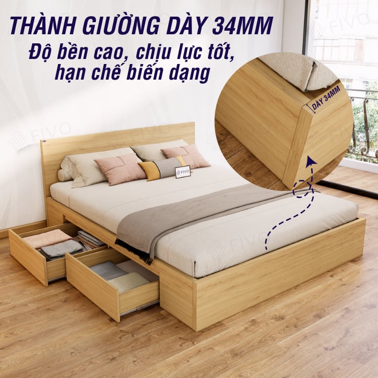 Giường Ngủ Gỗ MDF Chống Ẩm FN02 FIVO, Giường Đôi Cao Cấp Có 2 Ngăn Kéo Đựng Đồ, Nhiều Kích Thước, Freeship TPHCM