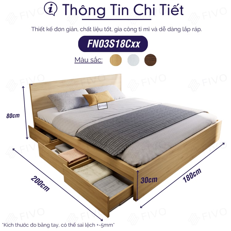 Giường Ngủ Gỗ MDF Chống Ẩm FN03 FIVO, Giường Đôi Cao Cấp Có 3 Ngăn Kéo Tiện Lợi, Nhiều Kích Thước, Free Lắp Đặt + Freeship TPHCM, Trả Góp 0%