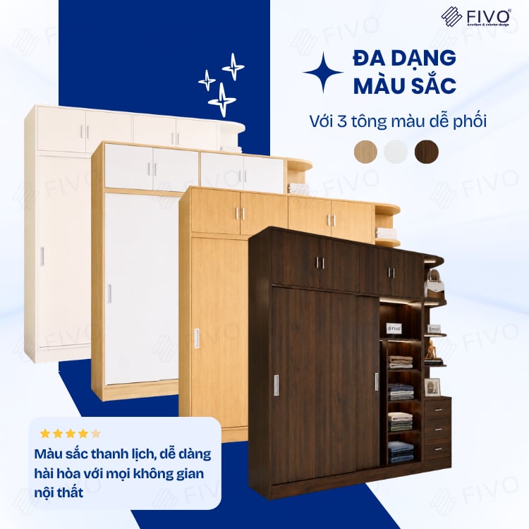 Tủ Gỗ Quần Áo Cửa Lùa Cao Cấp FC32 FIVO, Gỗ Dày 17mm, Kèm Hệ Tủ Tiện Lợi, Ngăn Kéo Sâu 60cm, Freeship+Free lắp đặt, Trả