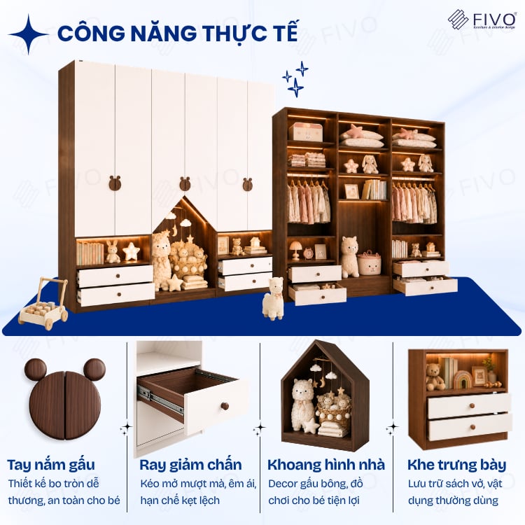 Tủ Gỗ Đựng Quần Áo Trẻ Em Cao Cấp FC03 FIVO, Tủ Sâu 60cm, Thiết Kế Hình Ngôi Nhà Độc Đáo, Freeship+Free lắp đặt, Trả Góp