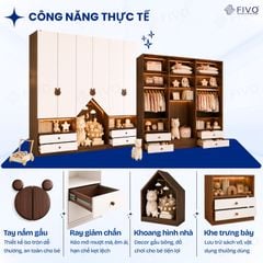 Tủ Gỗ Đựng Quần Áo Trẻ Em Cao Cấp FC03 FIVO, Tủ Sâu 60cm, Thiết Kế Hình Ngôi Nhà Độc Đáo, Freeship+Free lắp đặt, Trả Góp