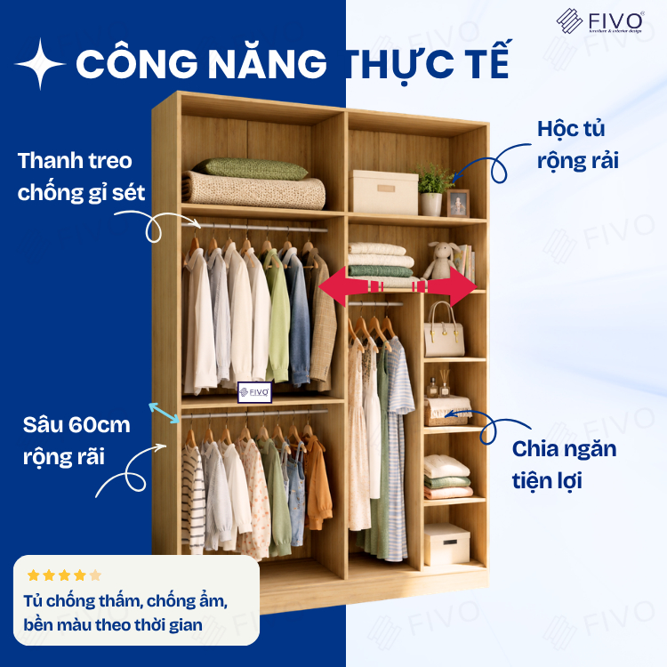 Tủ Áo Quần Cửa Trượt FIVO FC31 Gỗ Chống Ẩm, Màu Walnut Ấm Cúng Cho Phòng Ngủ, Trả Góp 0%, Freeship + Free lắp đặt