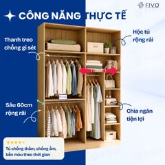 Tủ Áo Quần Cửa Trượt FIVO FC31 Gỗ Chống Ẩm, Màu Walnut Ấm Cúng Cho Phòng Ngủ, Trả Góp 0%, Freeship + Free lắp đặt
