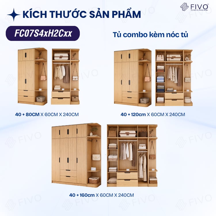 Tủ Đựng Quần Áo Gỗ Cao Cấp FC07 FIVO, Dày 17MM Cánh Mở Sâu 60cm Kèm Kệ Trang Trí, Freeship+Free lắp đặt, Trả Góp 0