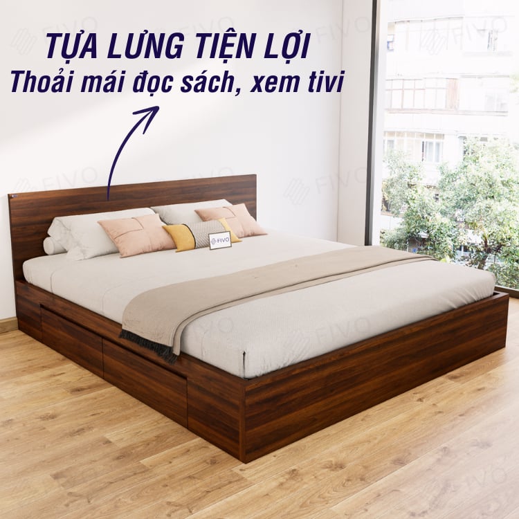 Giường Ngủ Gỗ MDF Chống Ẩm FN02 FIVO, Giường Đôi Cao Cấp Có 2 Ngăn Kéo Đựng Đồ, Nhiều Kích Thước, Freeship TPHCM