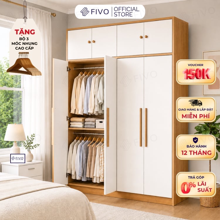 Tủ Đựng Quần Áo Gỗ Cao Cấp Đa Năng FC01 FIVO, Dày 17MM Với Độ Sâu 60cm, Freeship + Free lắp đặt, Trả Góp 0%
