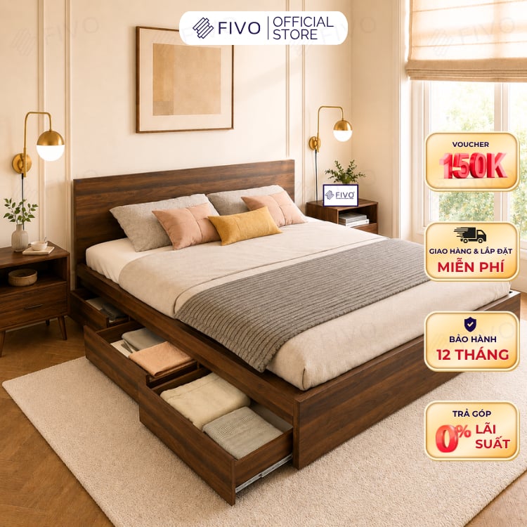 Giường Ngủ Gỗ MDF Chống Ẩm FN03 FIVO, Giường Đôi Cao Cấp Có 3 Ngăn Kéo Tiện Lợi, Nhiều Kích Thước, Free Lắp Đặt + Freeship TPHCM, Trả Góp 0%